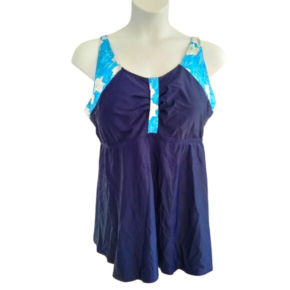 Hanna Nikole Plus Size 24W Two-Piece Modest Swim Set Womens Navy & Blue Floral - Picture 2 of 15